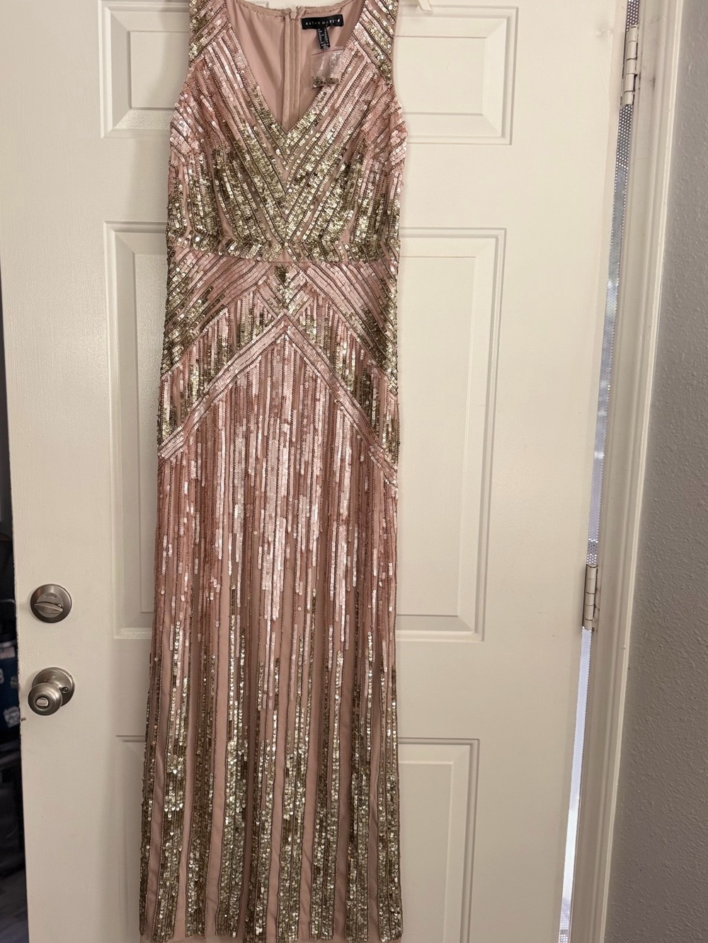 Aidan by Aidan Mattox Blush Pink and Gold Sequin Evening Gown